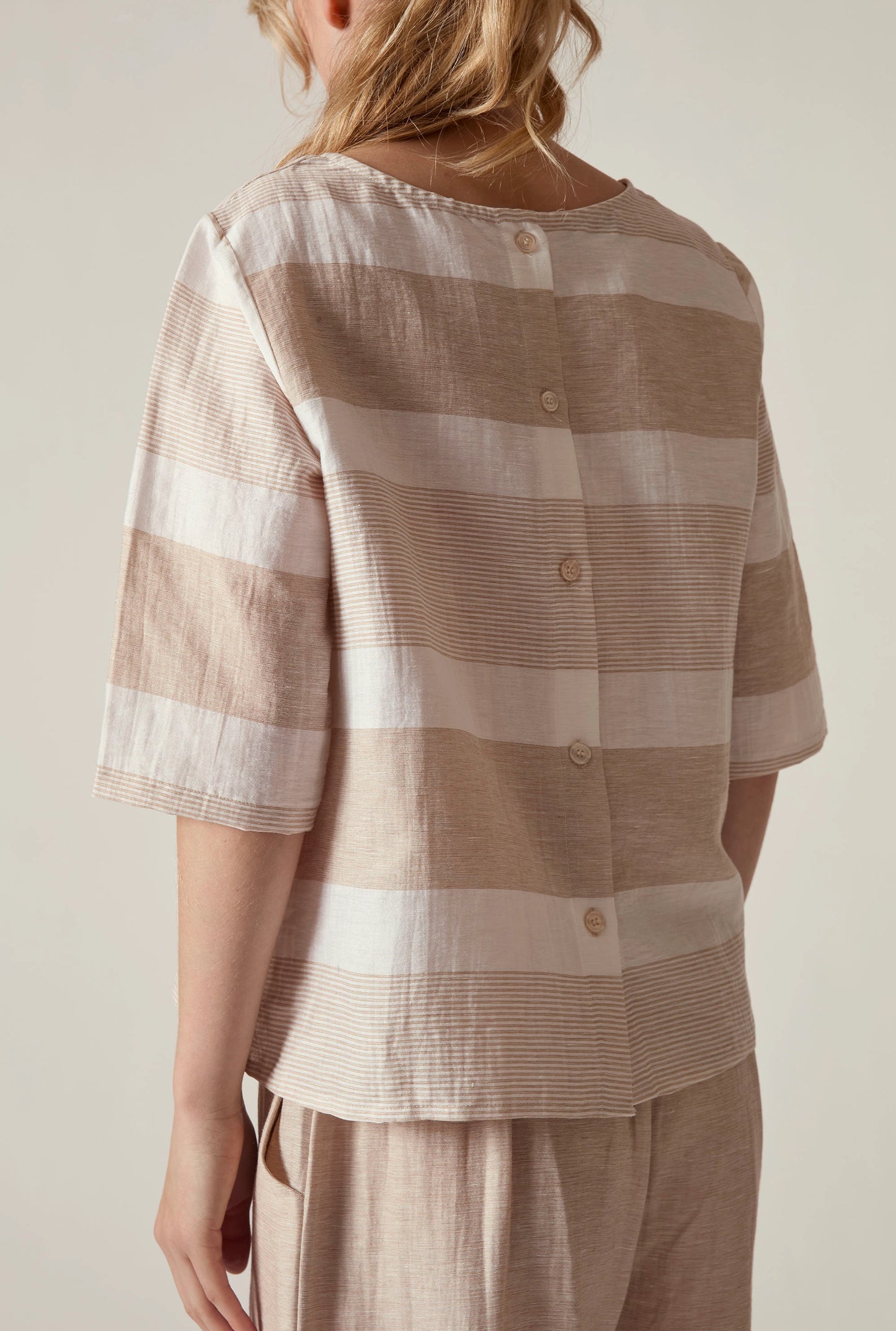 Striped Linen Blend Button-Back Top