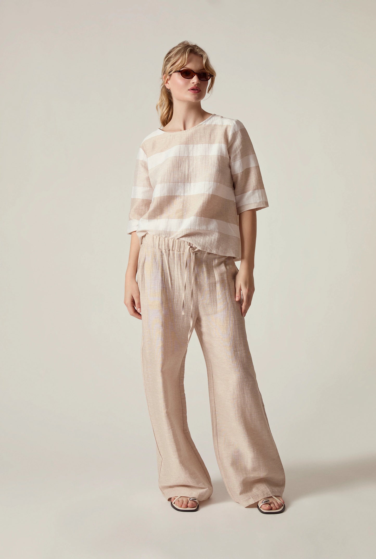 Striped Linen Blend Button-Back Top