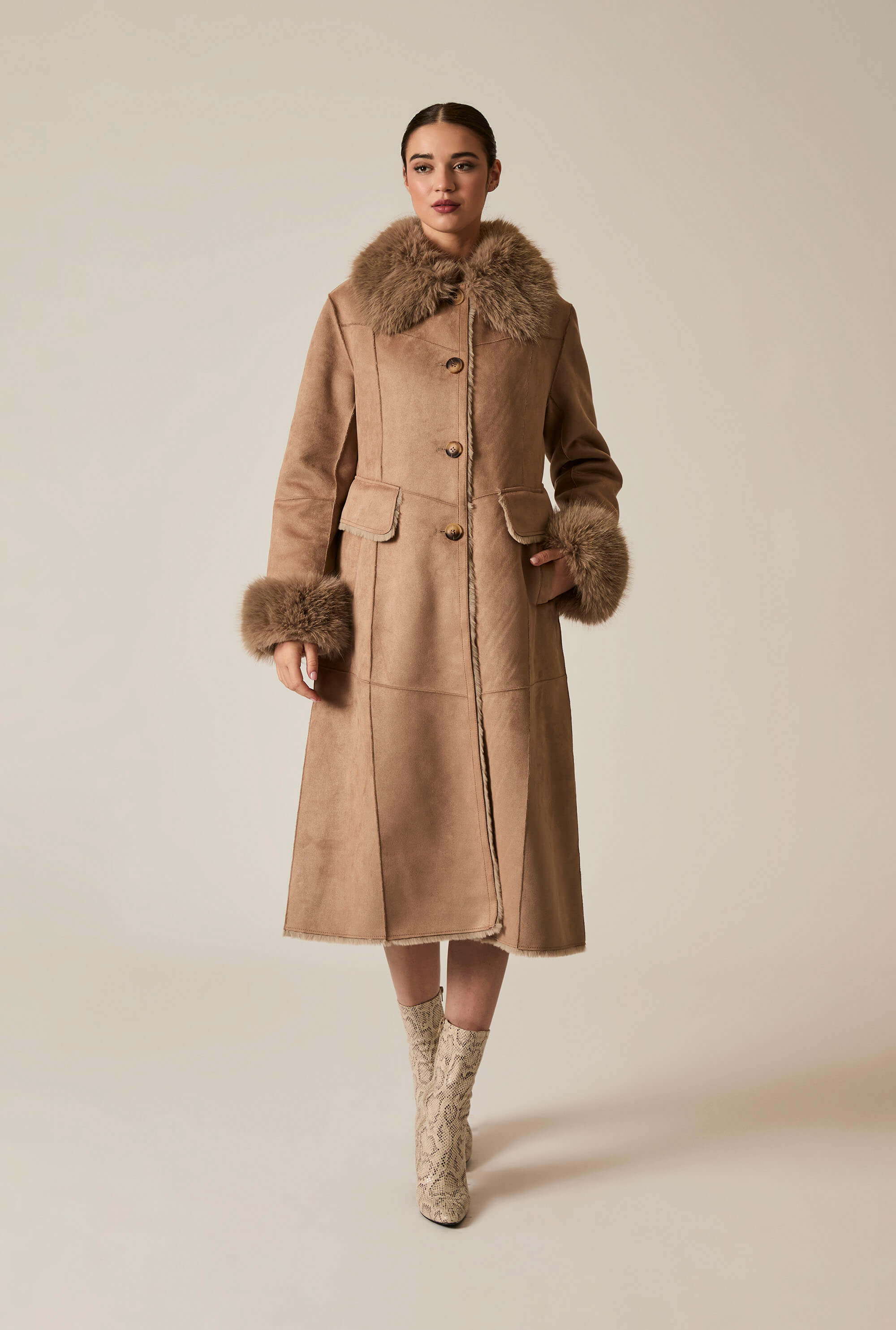 Taupe James Lakeland Faux Fur Coat Bomber Jacket Sheepskin Coat