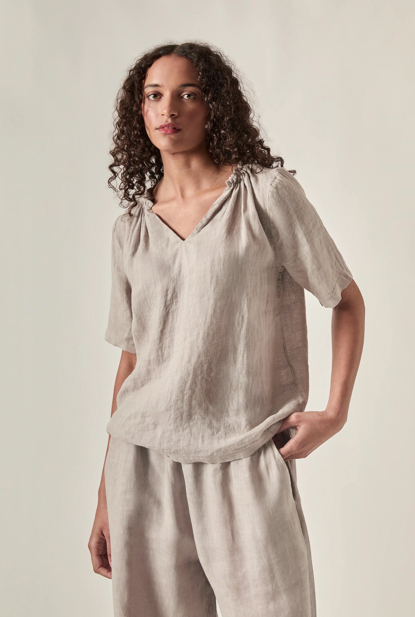 Taupe Pure Linen Blouse