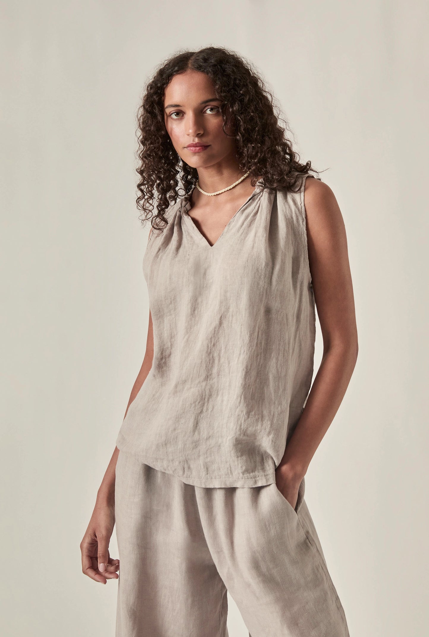 Taupe Pure Linen Sleeveless Top