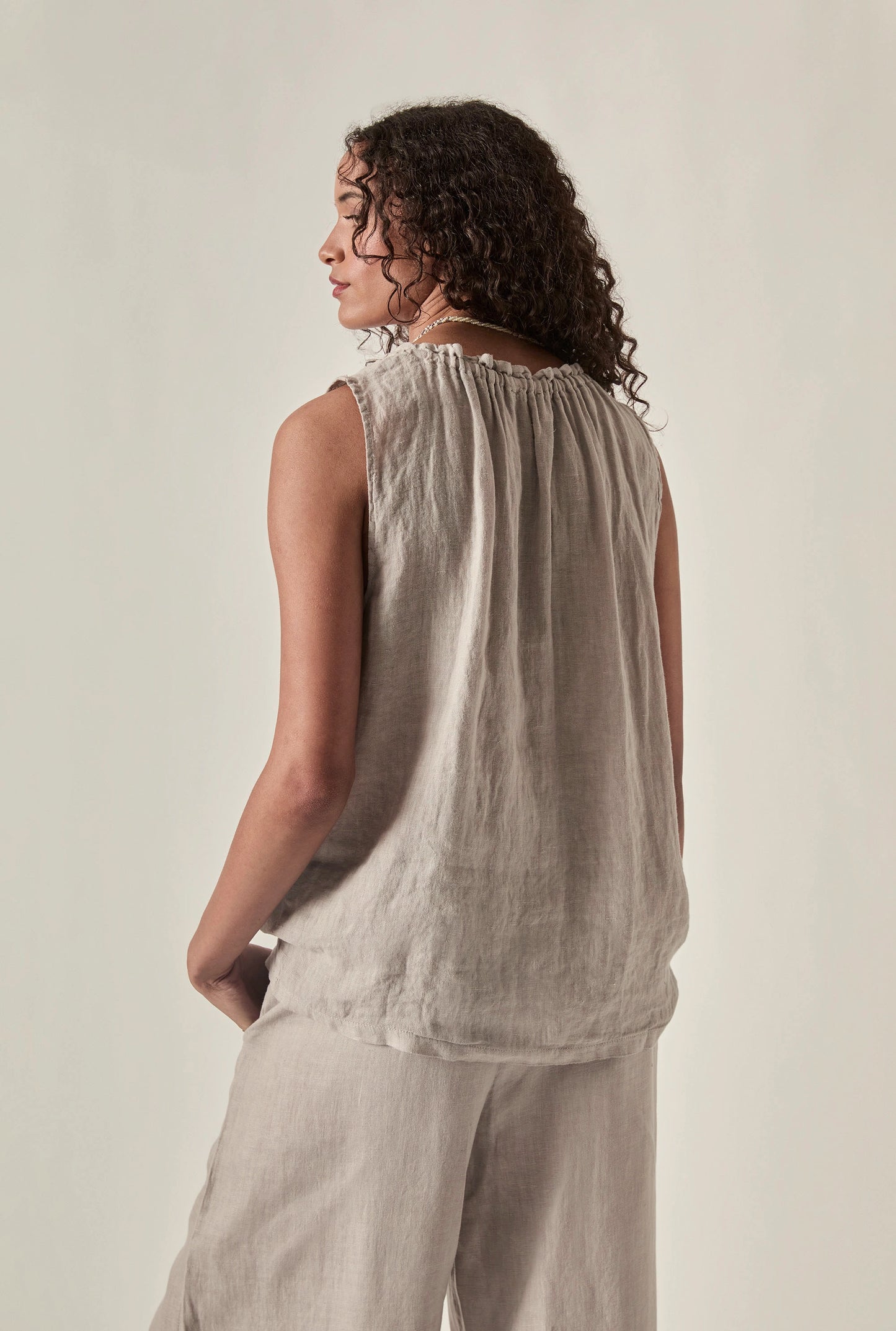 Taupe Pure Linen Sleeveless Top