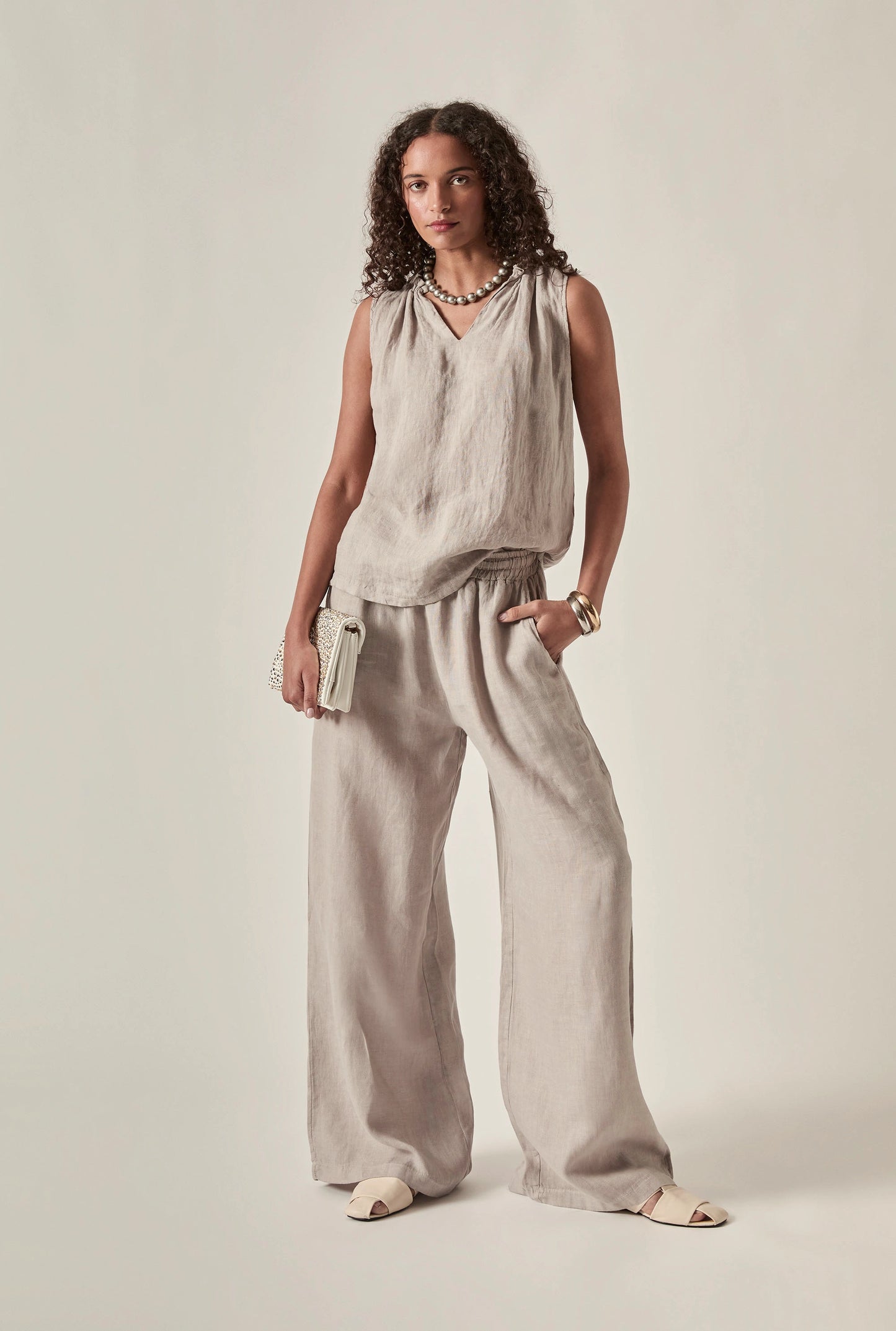 Taupe Pure Linen Sleeveless Top