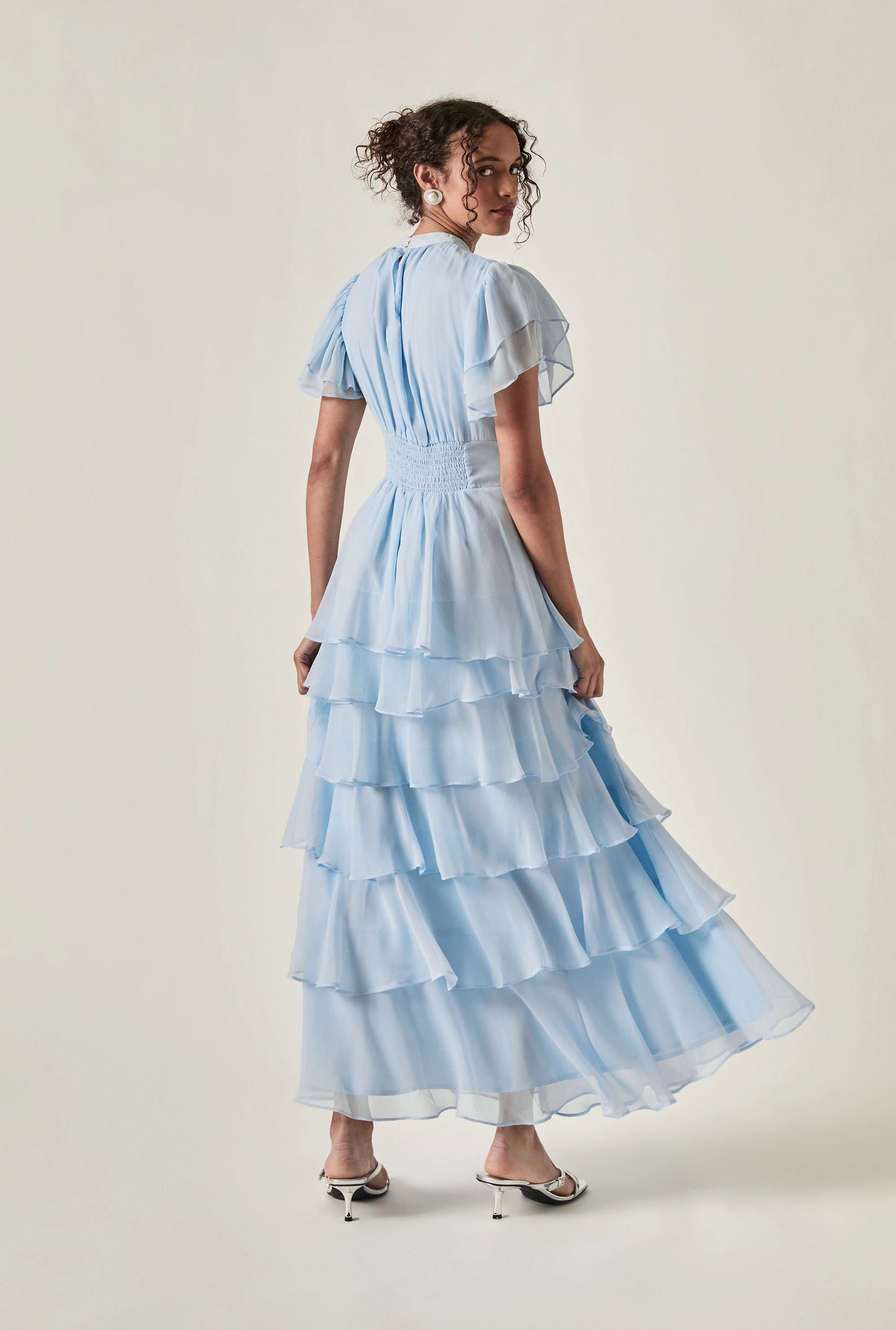 Pale Blue Tiered Ruffle Maxi Dress – full-length back view