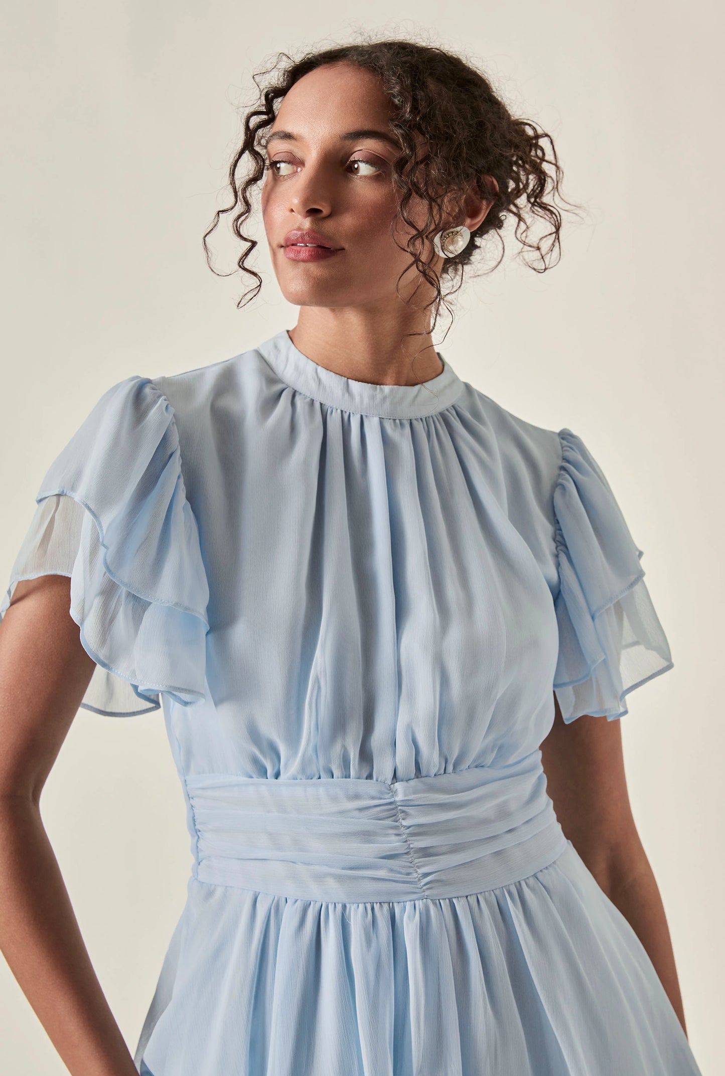 Pale Blue Tiered Ruffle Maxi Dress with gathered neckline and flutter sleeves