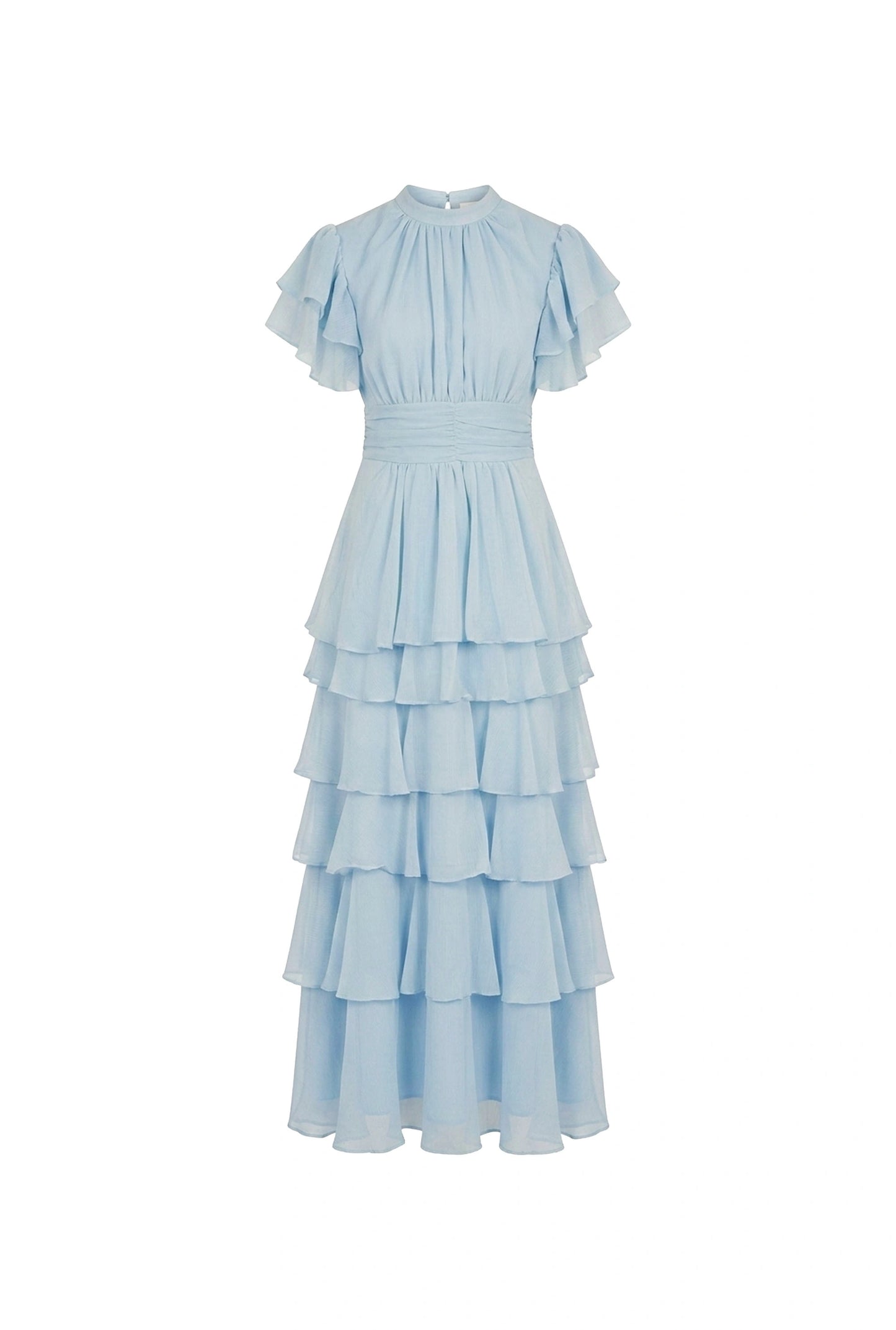 Pale Blue Tiered Ruffle Maxi Dress with cascading tiered skirt – product view
