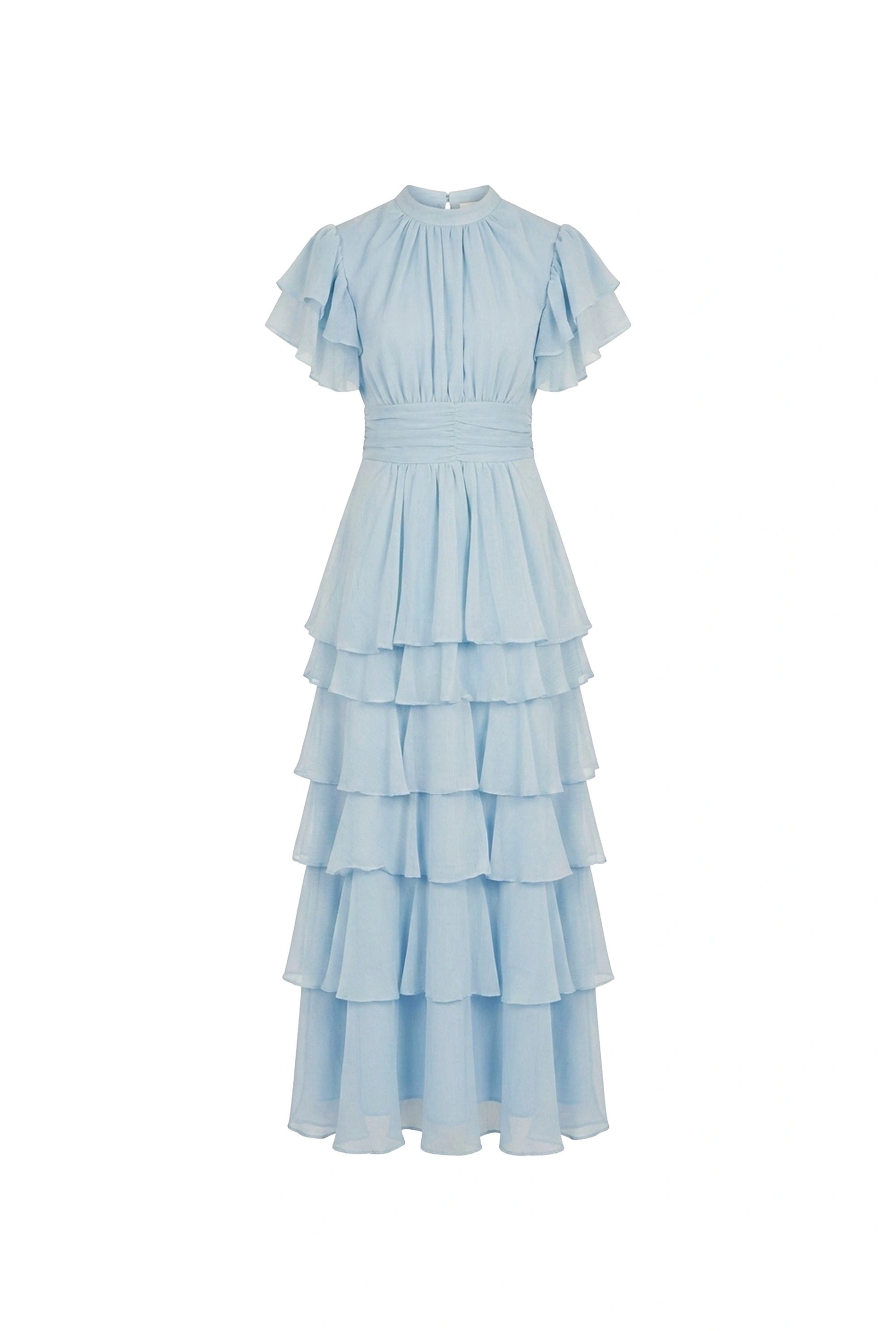 Pale Blue Tiered Ruffle Maxi Dress with cascading tiered skirt – product view