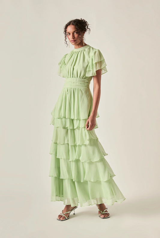 Model wearing Green Tiered Ruffle Maxi Dress – front view