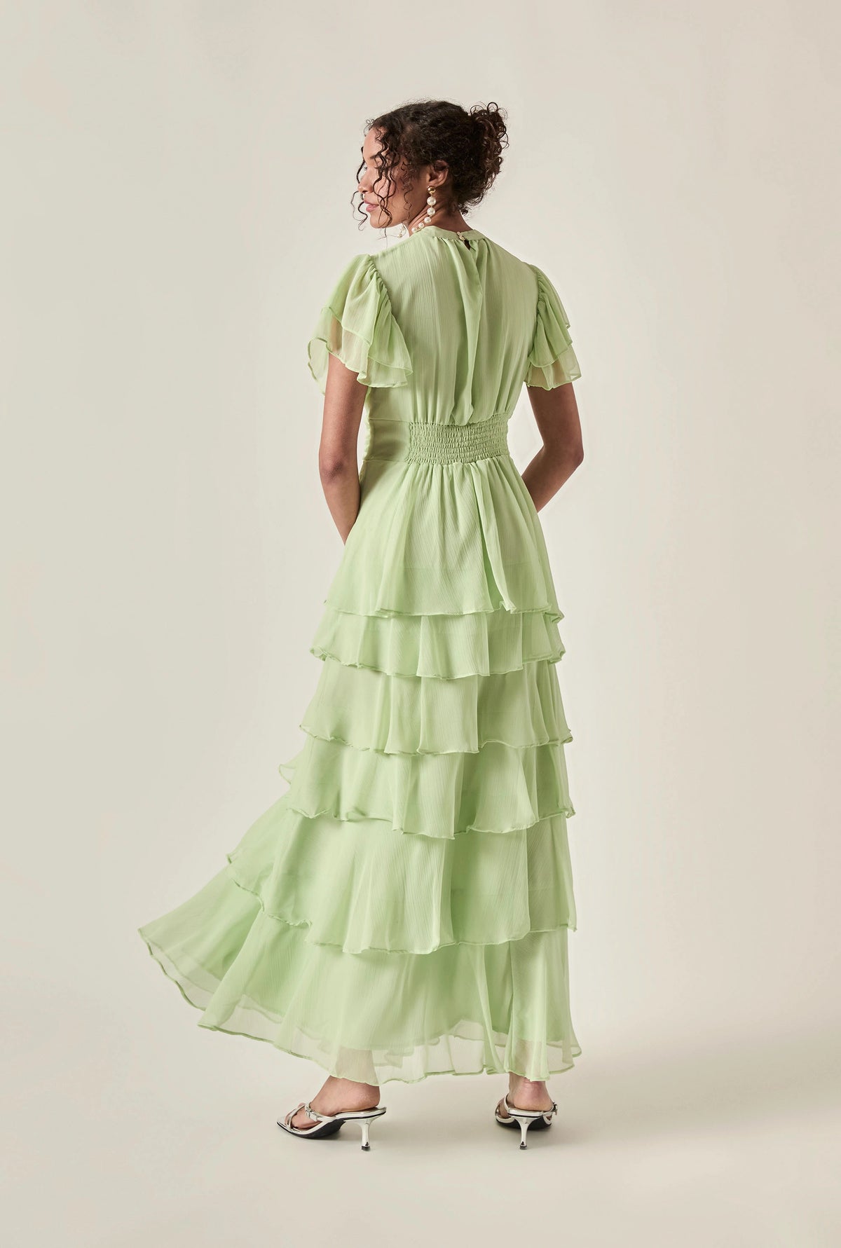 Green Tiered Ruffle Maxi Dress with shirred waist – back view