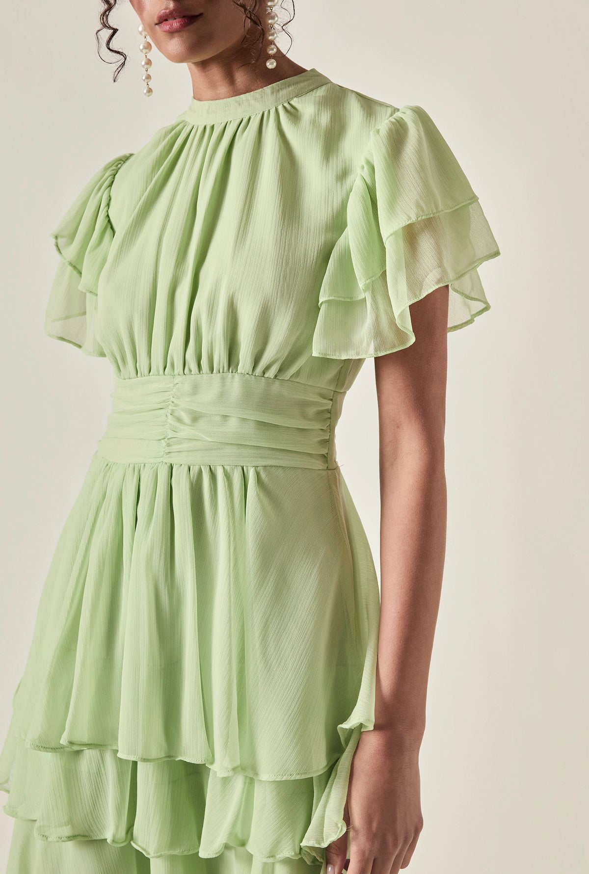 Green Tiered Ruffle Maxi Dress with ruched front waistband