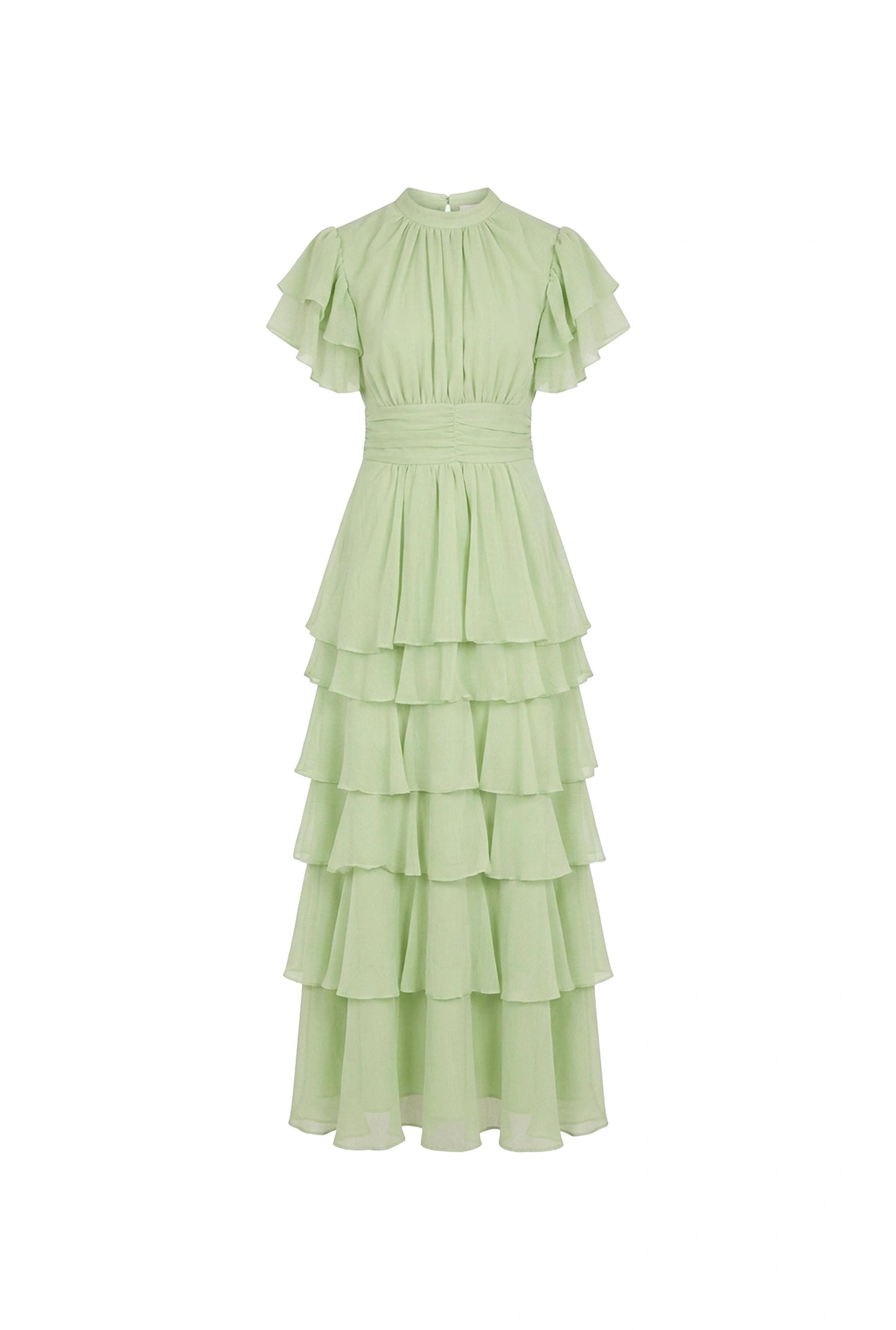 Green Tiered Ruffle Maxi Dress with cascading tiered skirt – product view