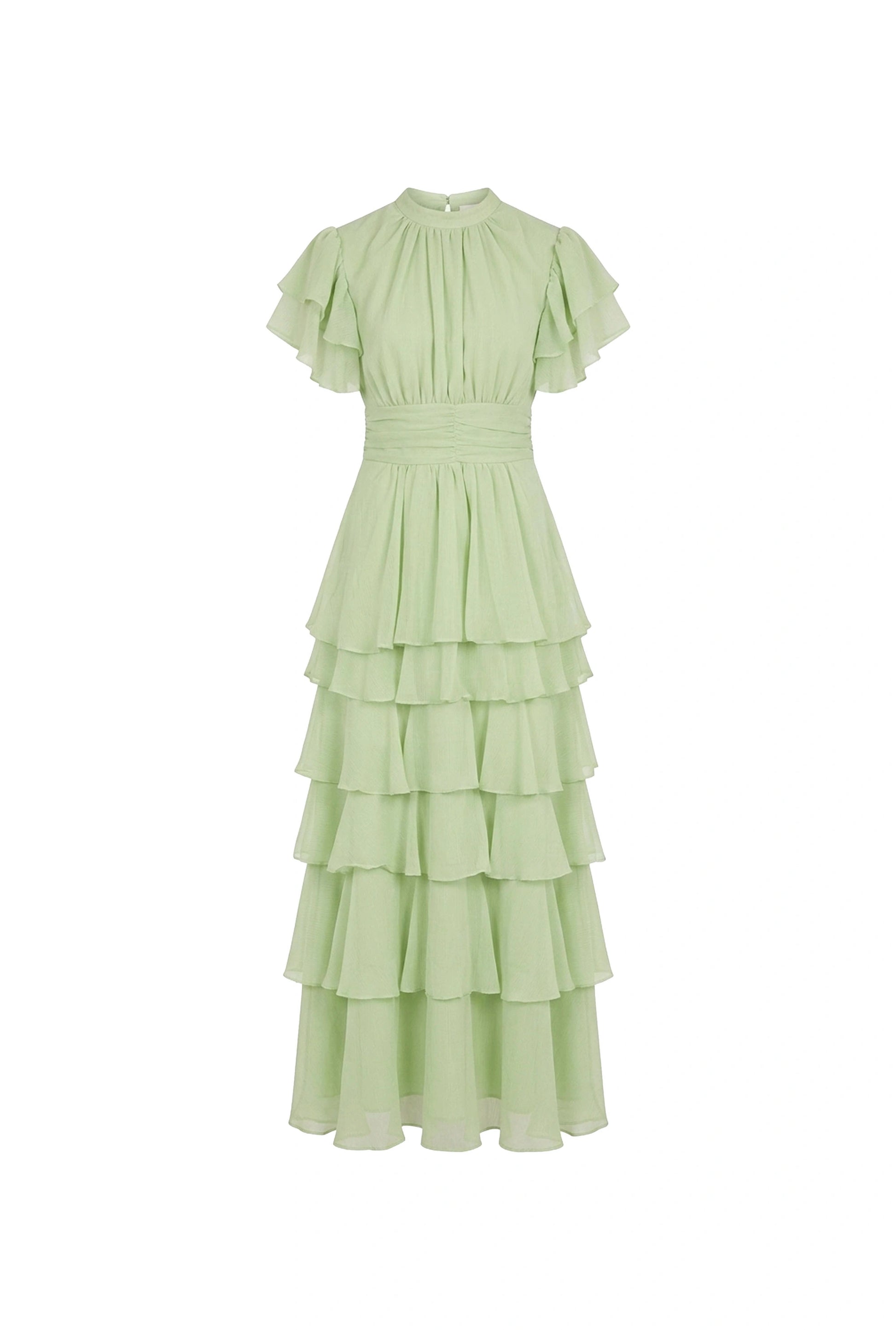 Green Tiered Ruffle Maxi Dress with cascading tiered skirt – product view