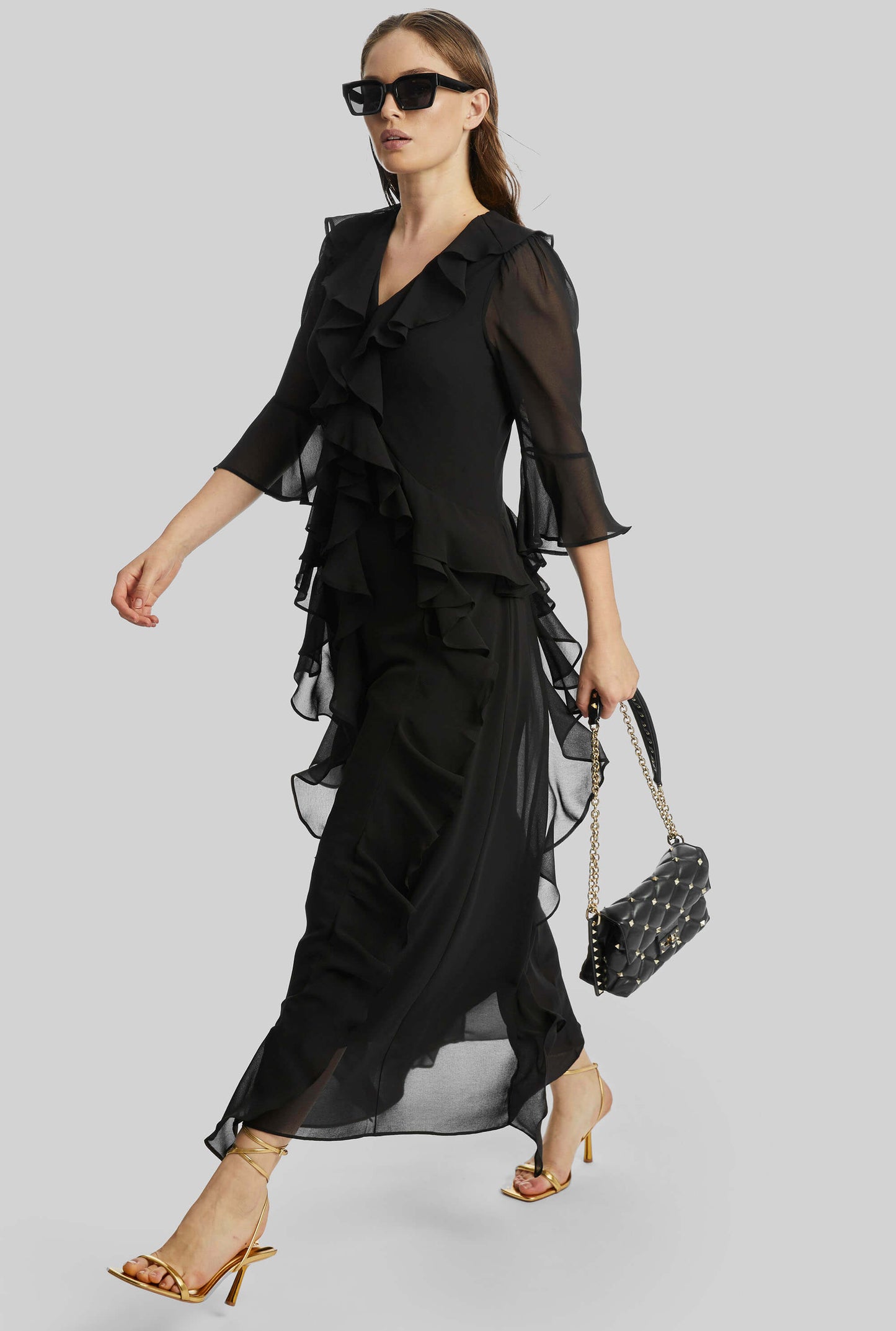 V-neck Chiffon Ruffle Dress In Black