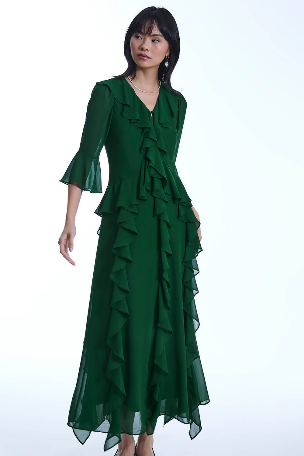 V-Neck Ruffle Green Dress