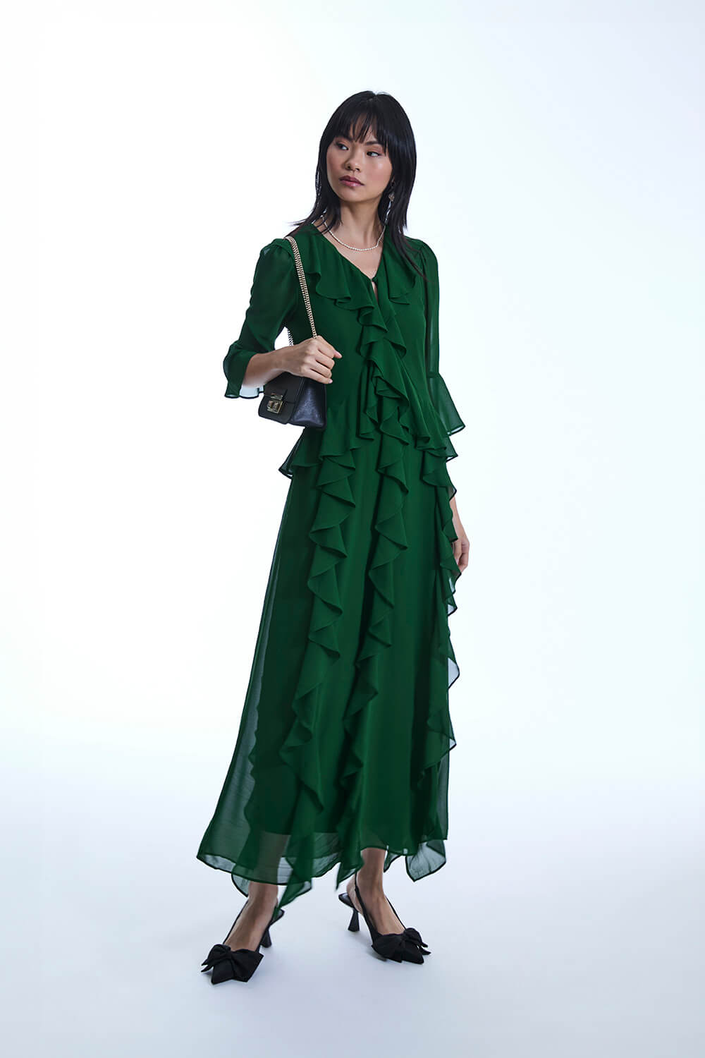 V-Neck Ruffle Green Dress