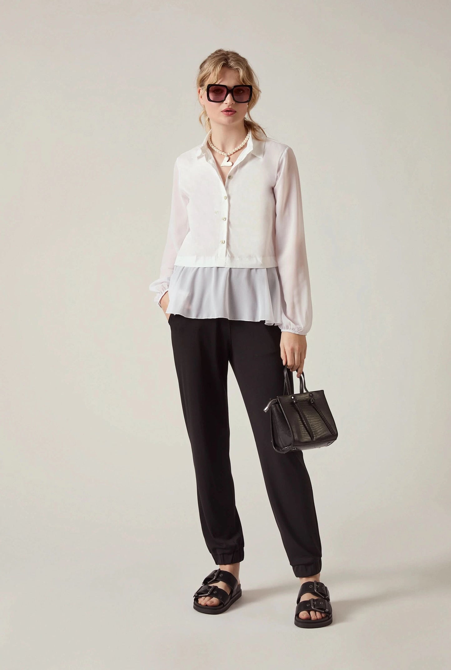 White Contrast Hem Blouse