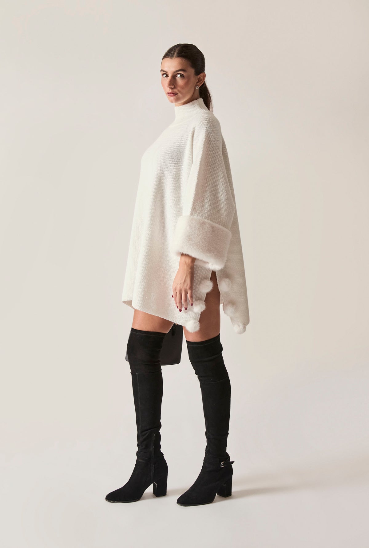 White Pom Pom Faux Fur Knit Poncho