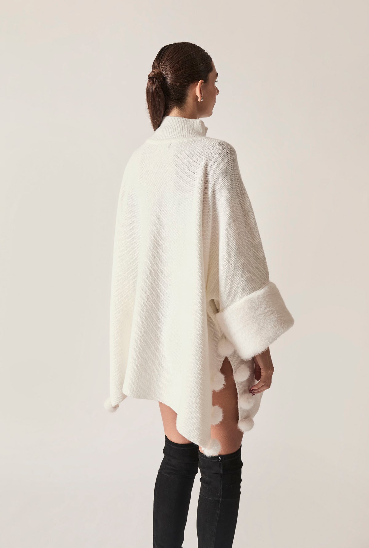White Pom Pom Faux Fur Knit Poncho