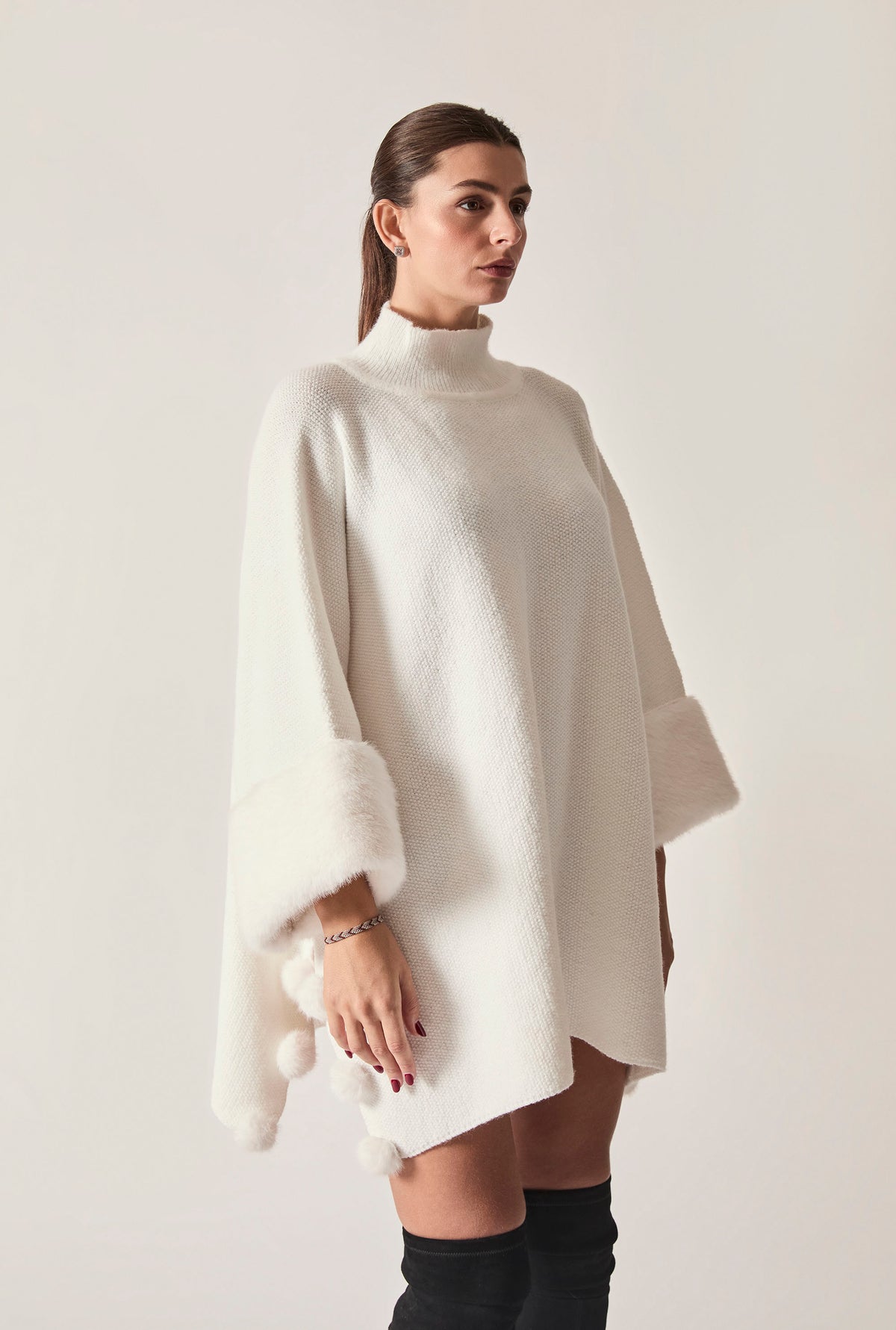White Pom Pom Faux Fur Knit Poncho