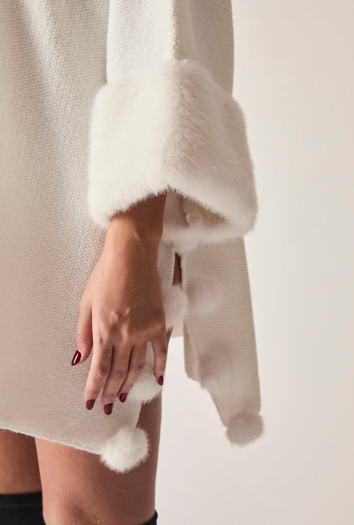 White Pom Pom Faux Fur Knit Poncho
