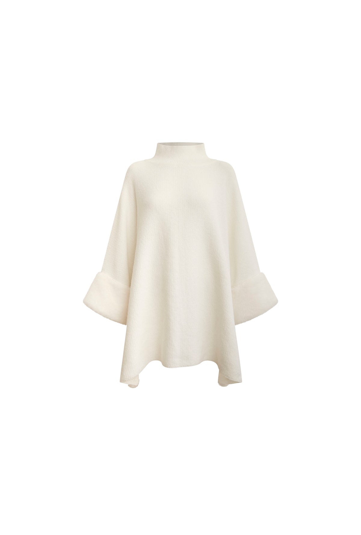 White Pom Pom Faux Fur Knit Poncho