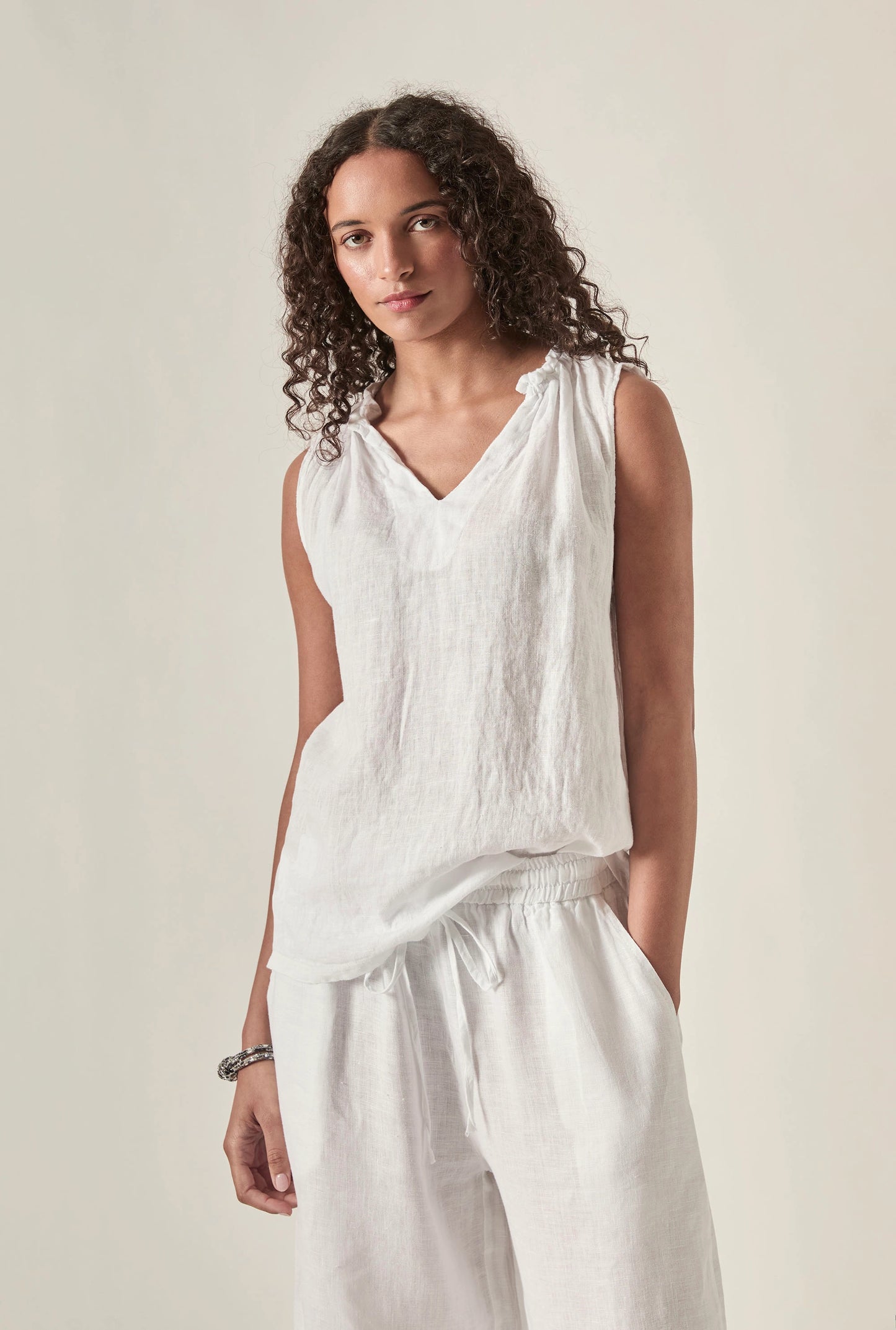 White Pure Linen Sleeveless Top