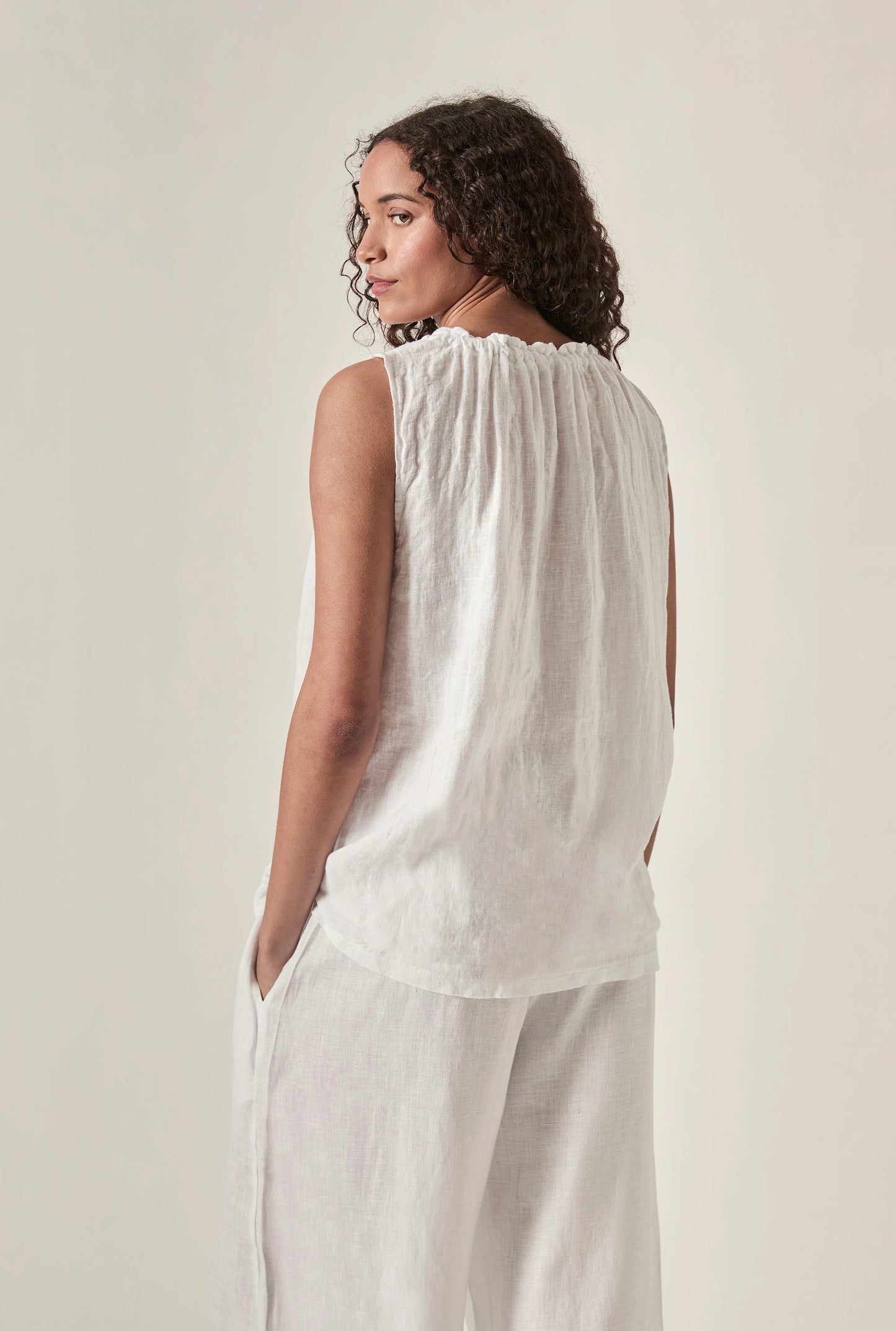 White Pure Linen Sleeveless Top