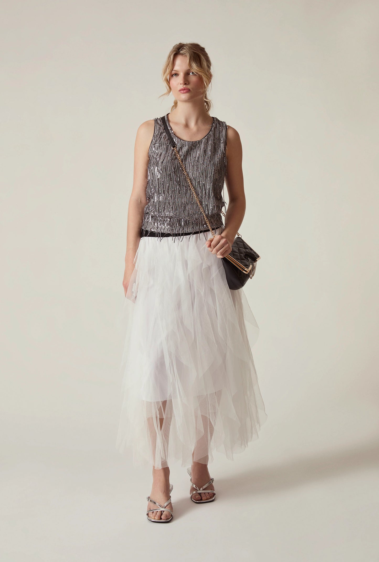 White Tulle Ruffle Midi Skirt