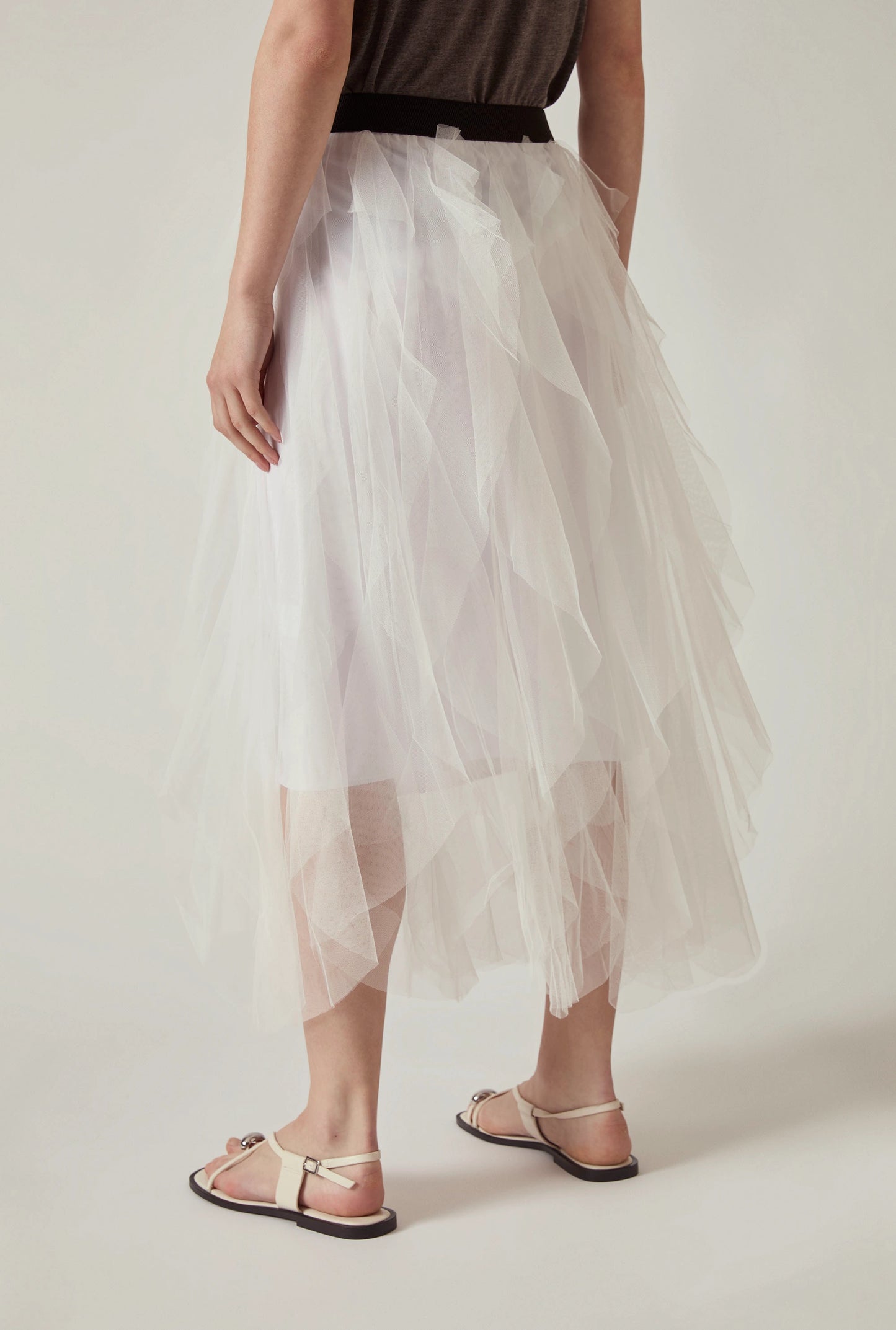 White Tulle Ruffle Midi Skirt