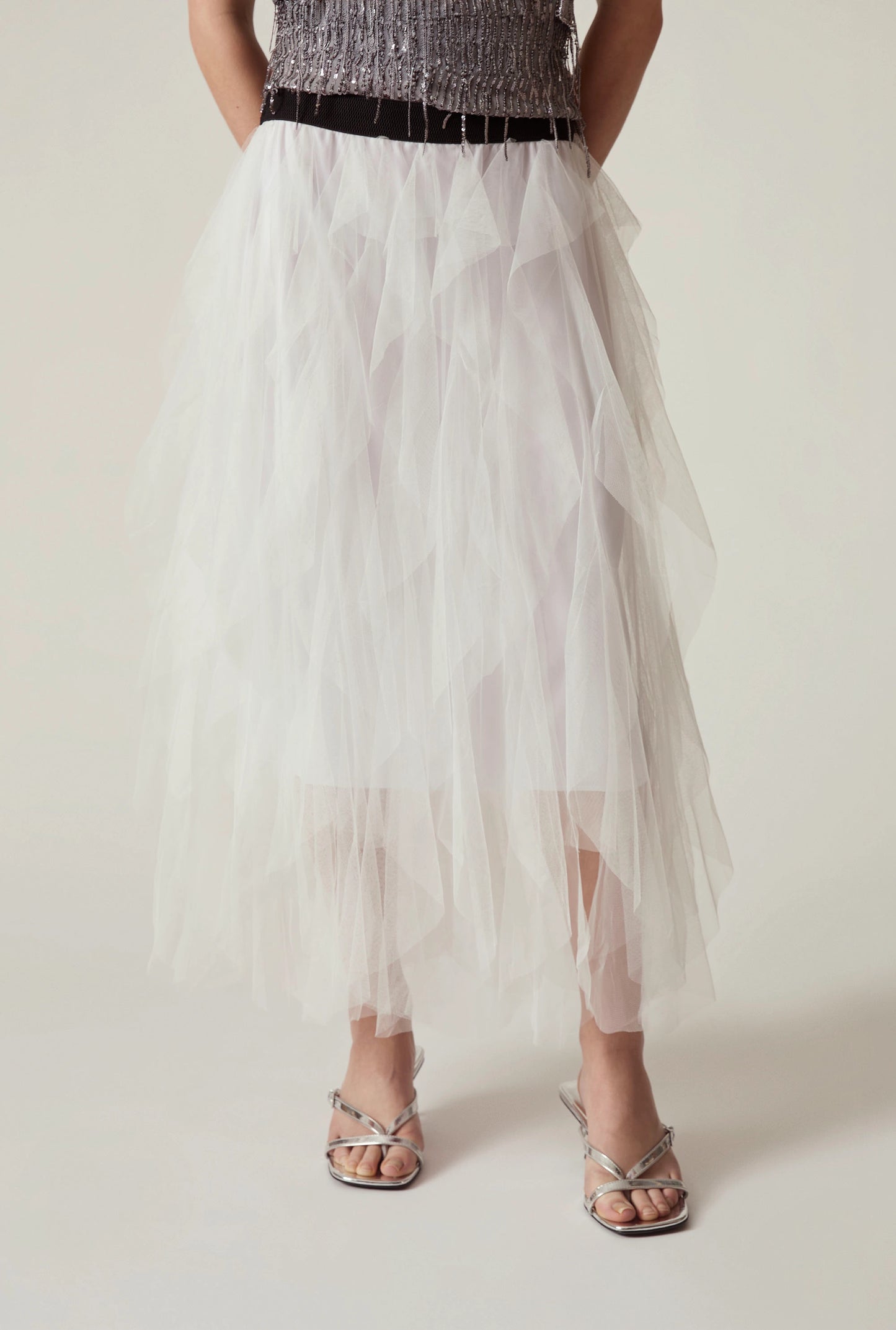 White Tulle Ruffle Midi Skirt