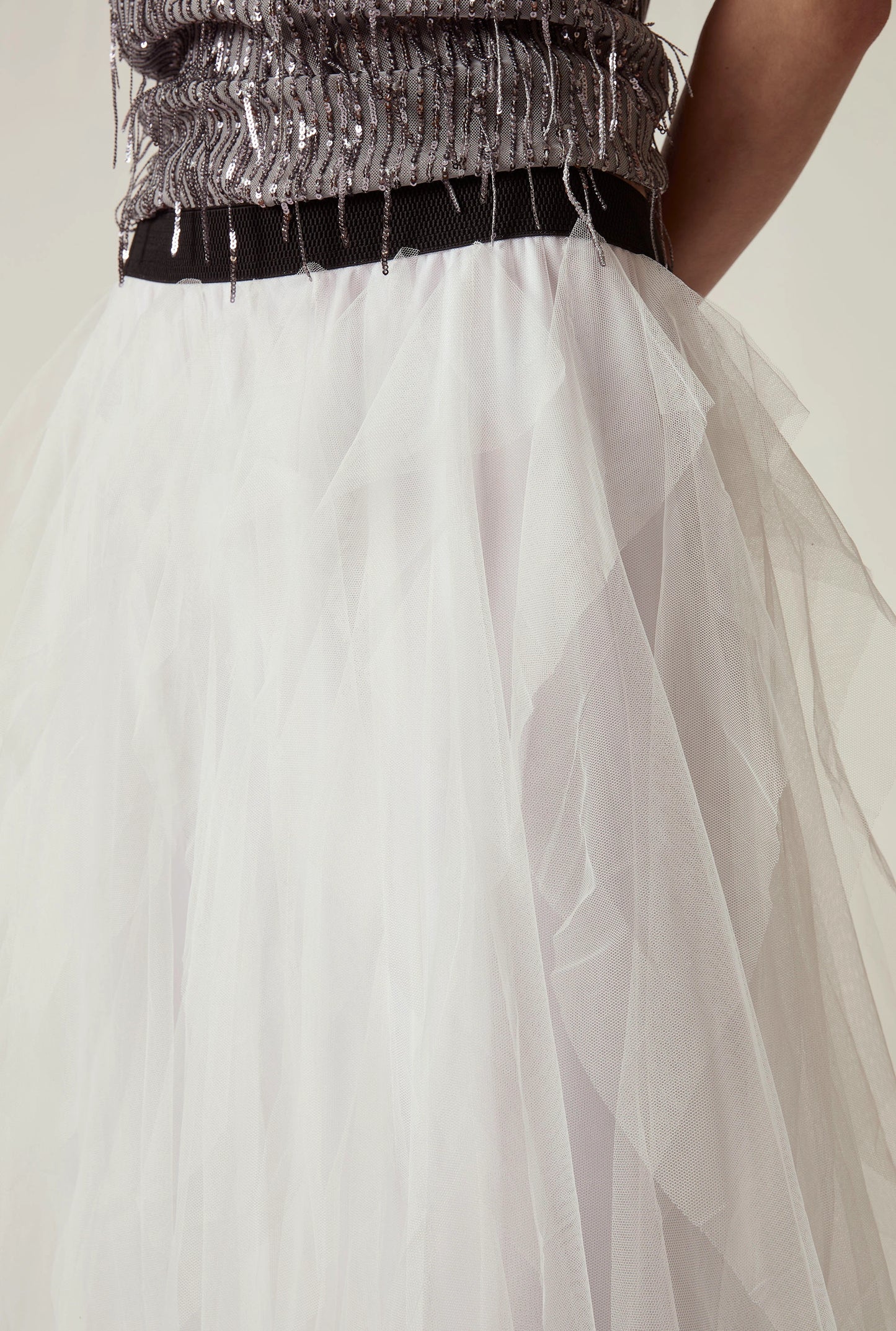 White Tulle Ruffle Midi Skirt