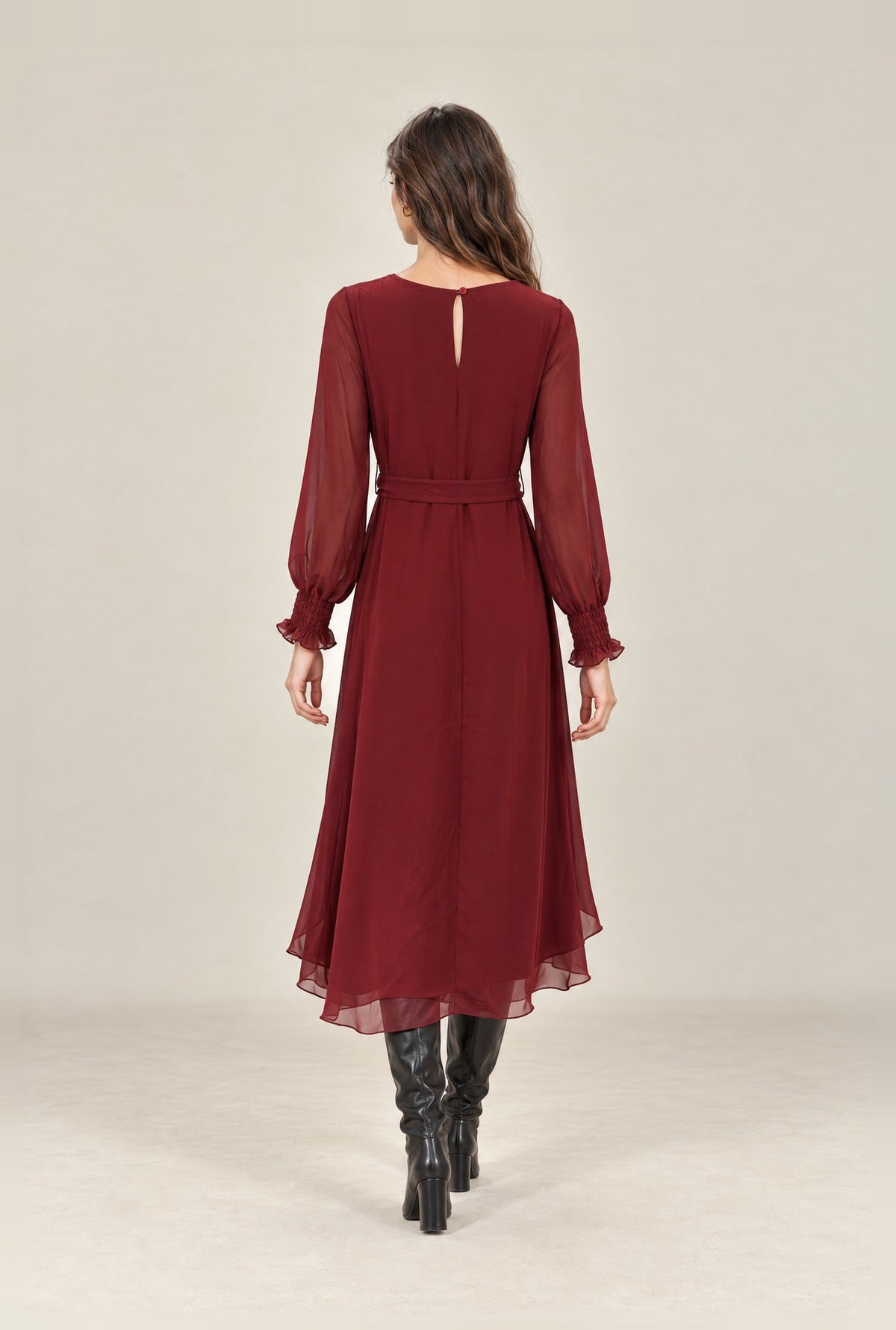 Burgundy Belted Midi Dress