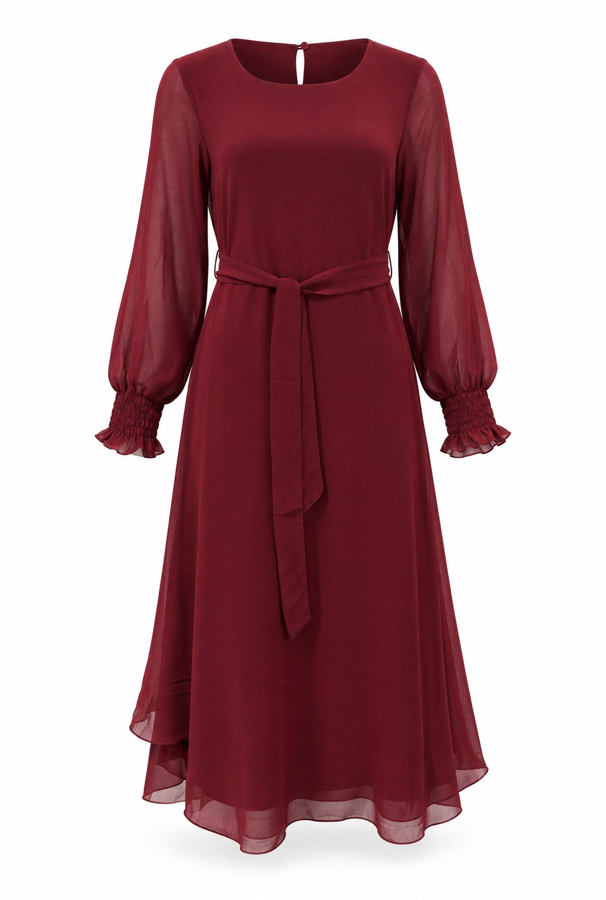 Burgundy Belted Midi Dress