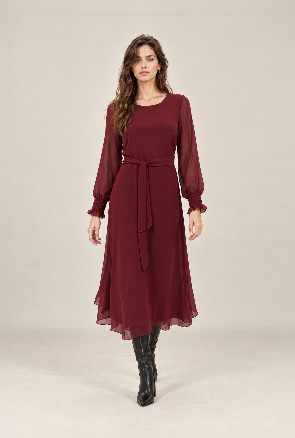 Burgundy Belted Midi Dress