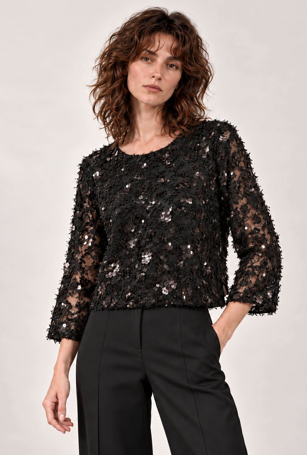 Black Sequin Lace Top