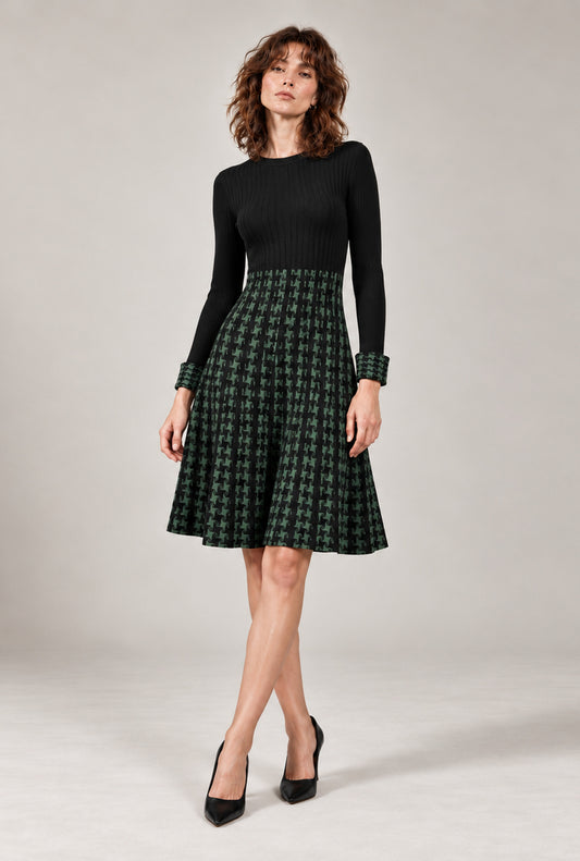 Black & Green Houndstooth Knitted Dress