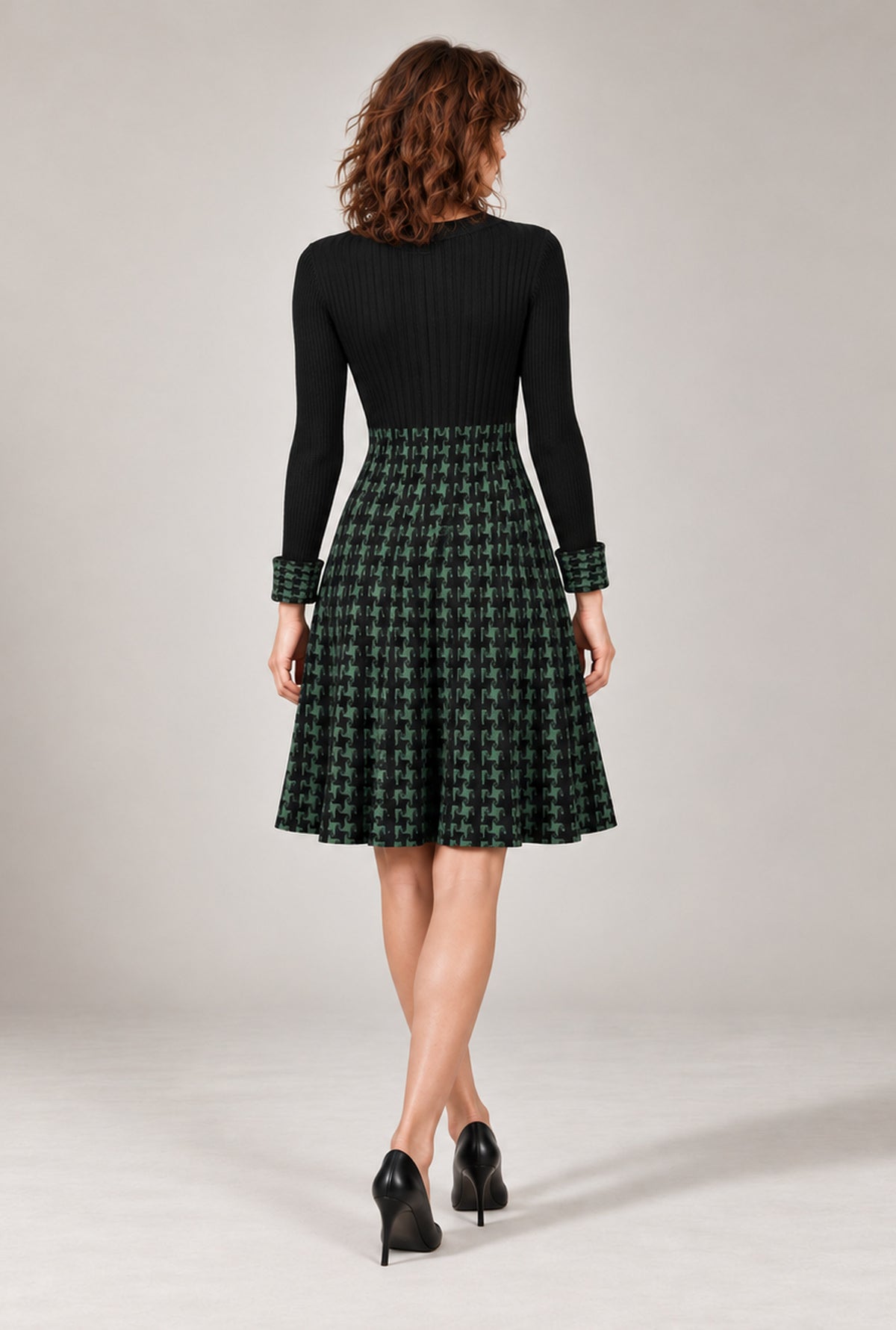 Black & Green Houndstooth Knitted Dress