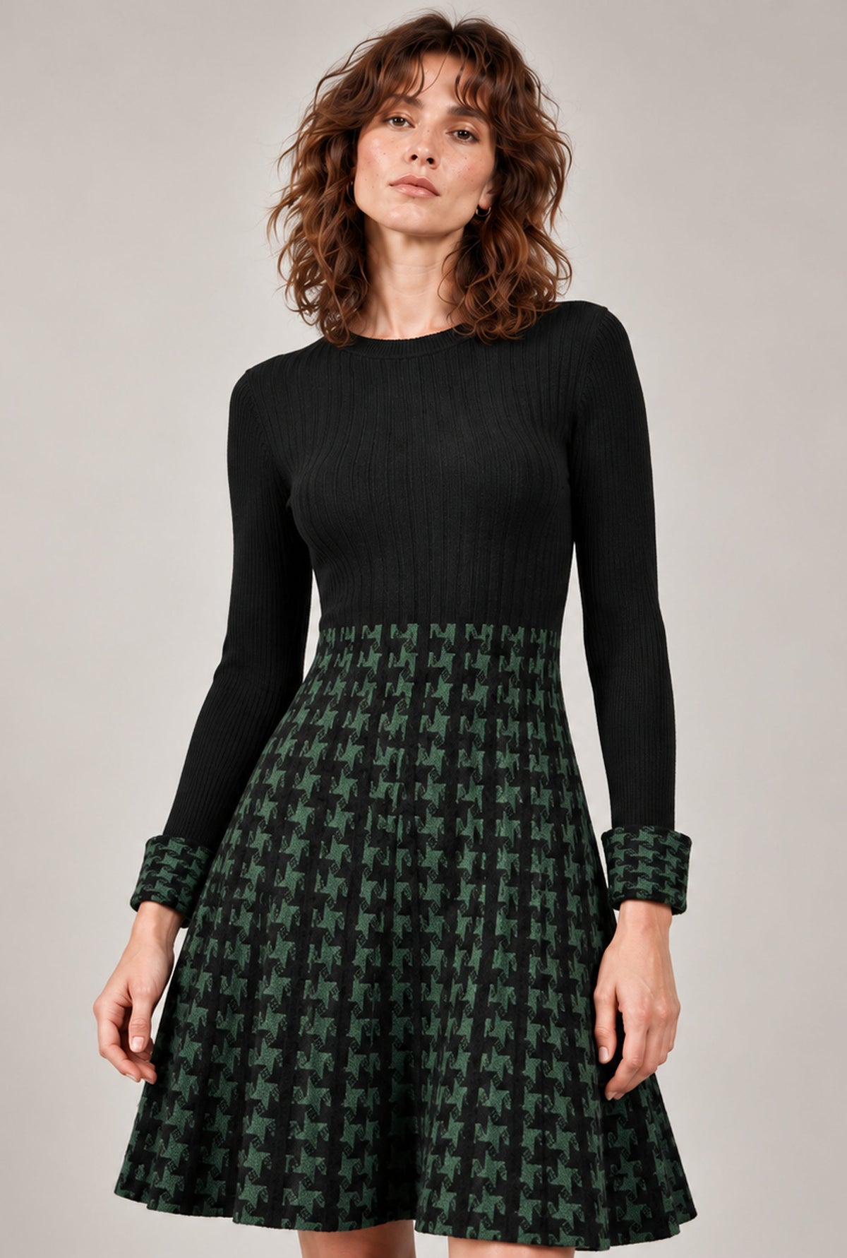Black & Green Houndstooth Knitted Dress