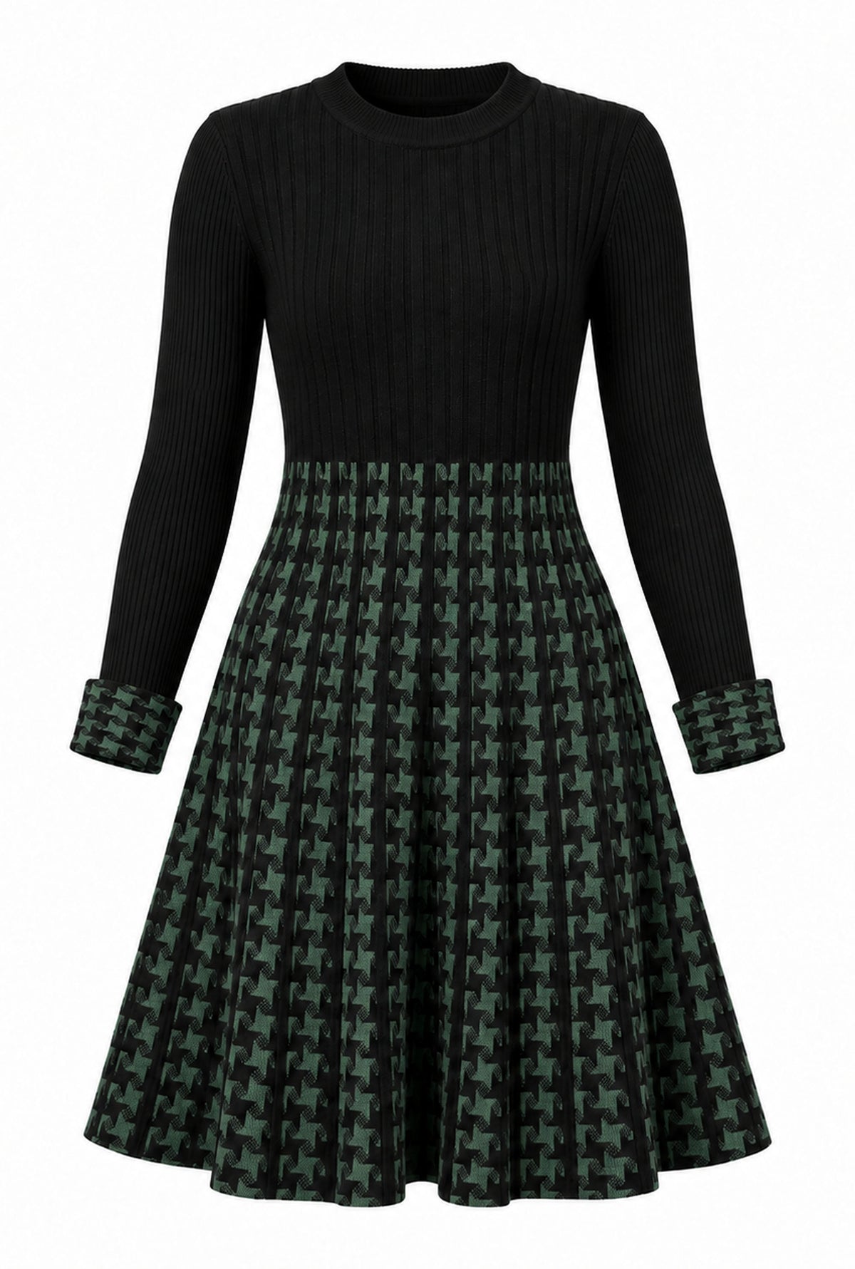Black & Green Houndstooth Knitted Dress