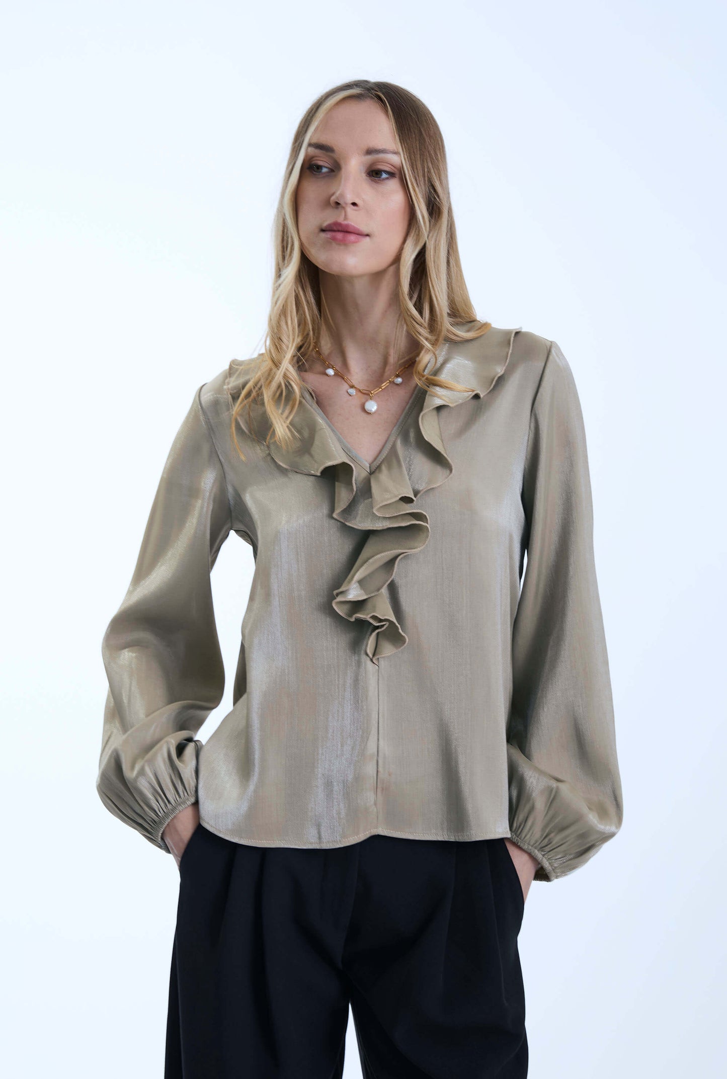 Sand Ruffled V-neck Blouse