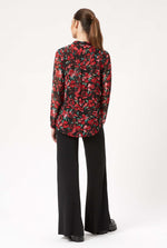 Flower Print Mandarin Collar Blouse in Black-Red - James Lakeland