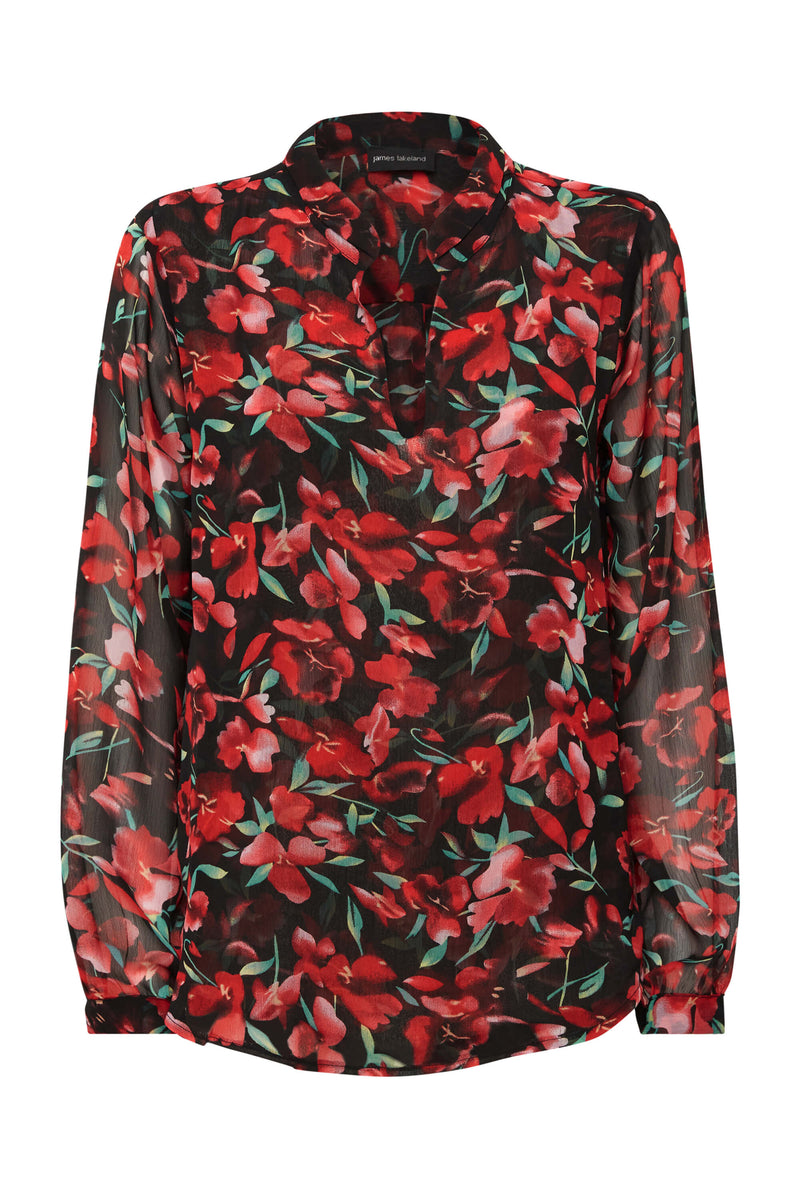 Flower Print Mandarin Collar Blouse in Black-Red - James Lakeland