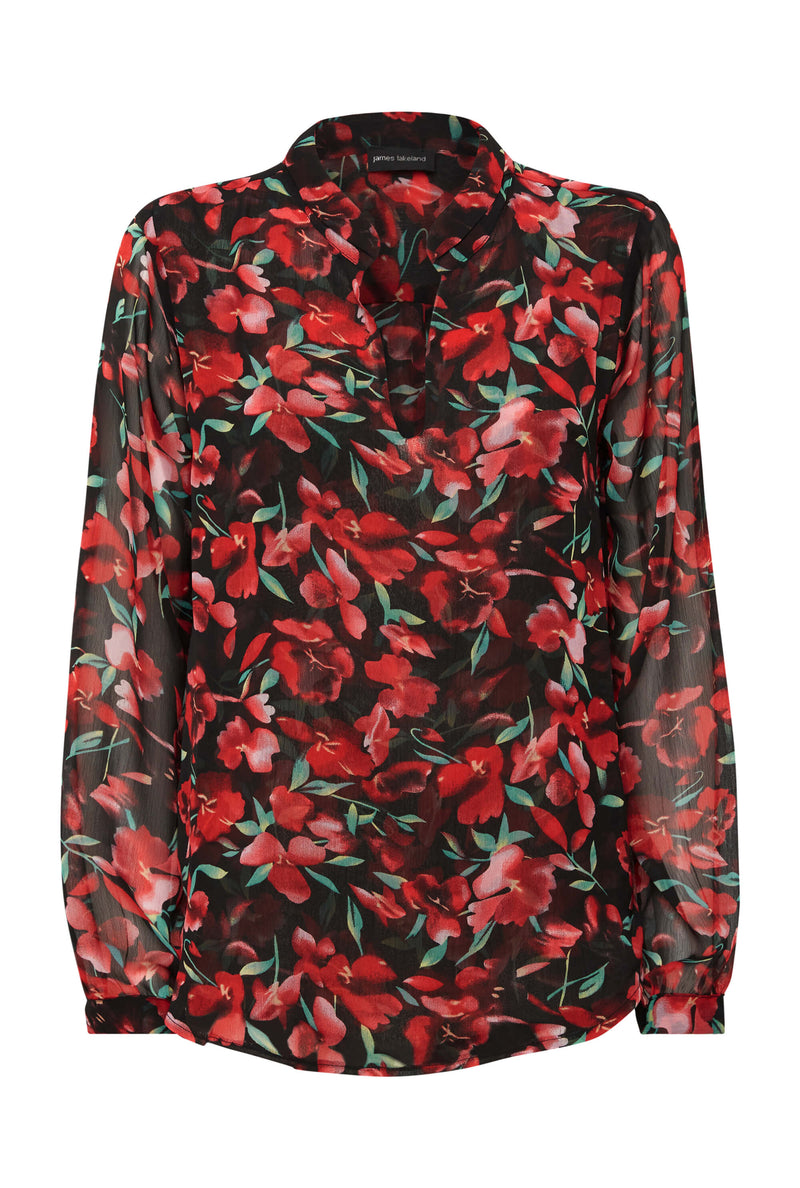 Flower Print Mandarin Collar Blouse in Black-Red - James Lakeland