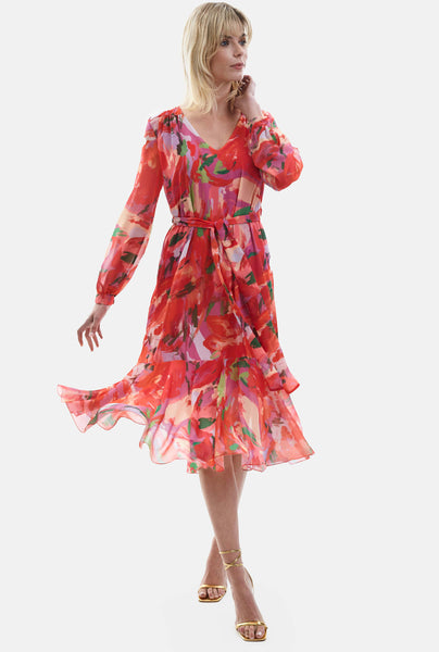Red belted midi dress sale