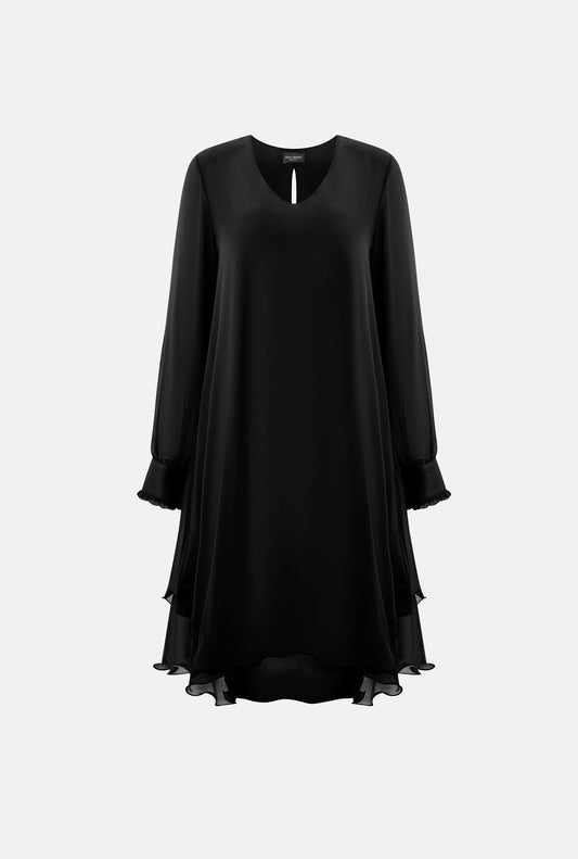 Long Sleeve Black Wave Hem Dress - James Lakeland