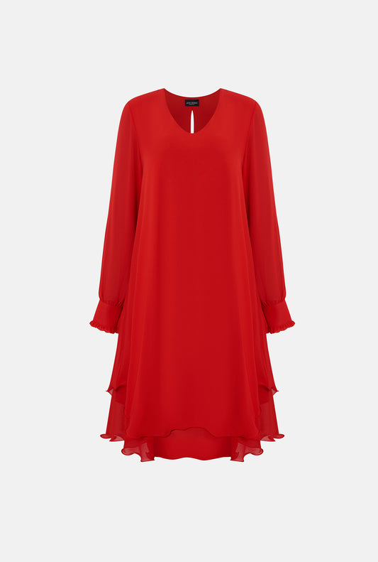 Long Sleeve Red Wave Hem Dress - James Lakeland