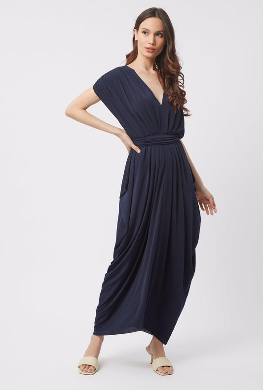 James Lakeland Batwing Pleated Maxi Dress in Navy