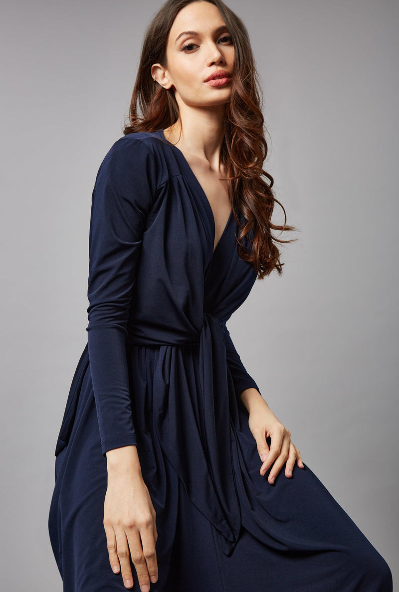 James Lakeland Long-Sleeve Batwing Pleated Maxi Dress in Navy