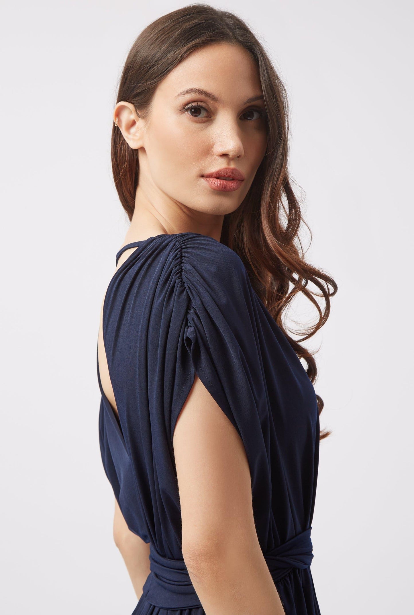 Shoulder detail James Lakeland Long-Sleeve Batwing Pleated Maxi Dress in Navy