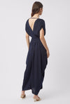 Back of James Lakeland Long-Sleeve Batwing Pleated Maxi Dress in Navy